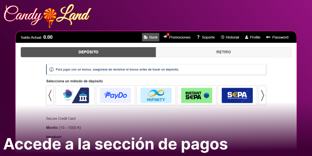 Accede a la sección de pagos en Candyland Casino
