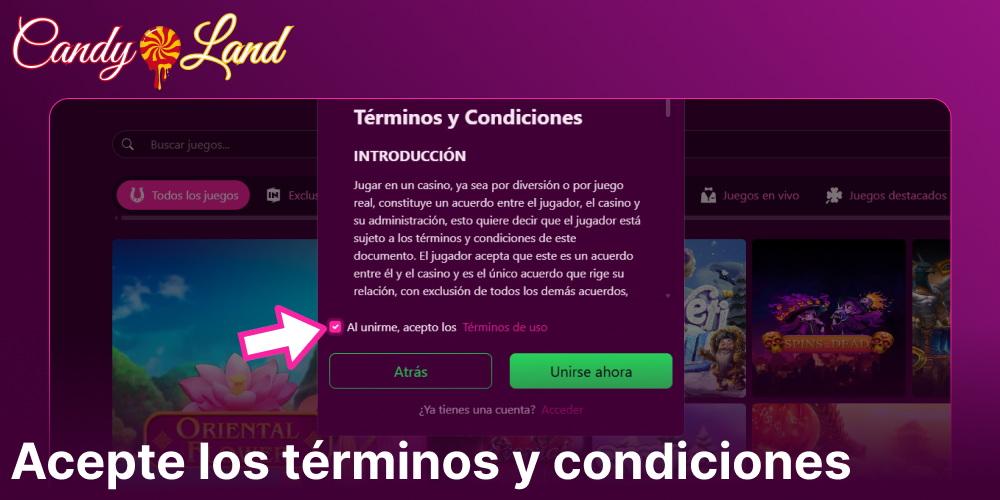 Acepte los términos y condiciones en Candyland Casino
