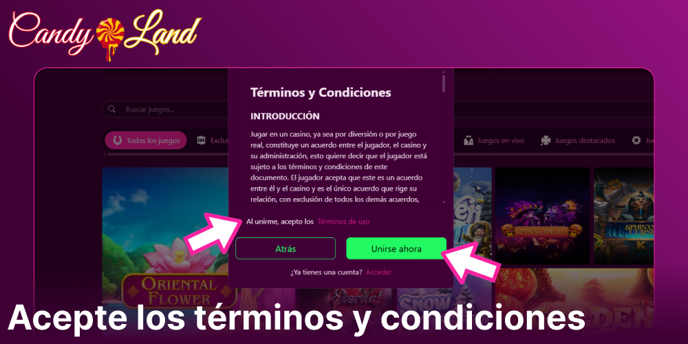 Acepte los términos y condiciones en Candyland Casino