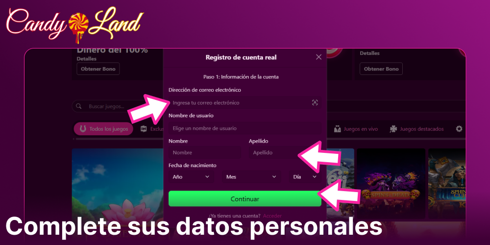 Complete sus datos personales en Candyland Casino