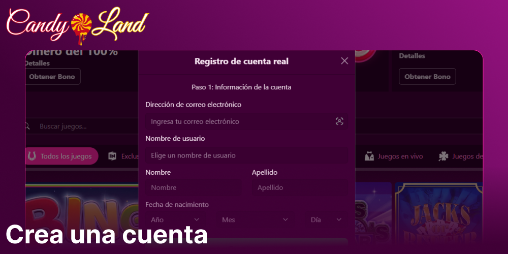 Crea una cuenta en Candyland Casino