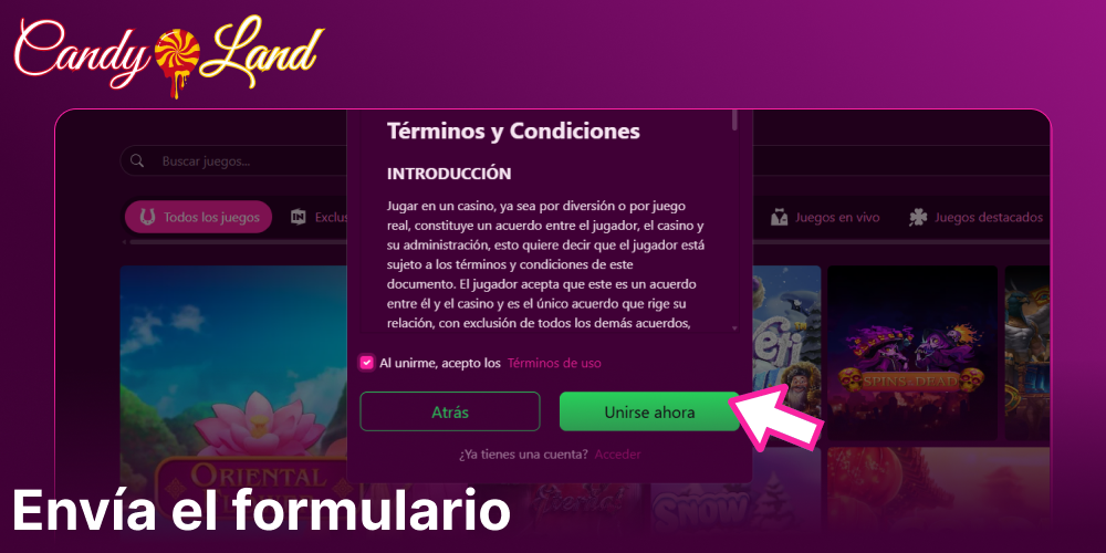 Envía el formulario en Candyland Casino