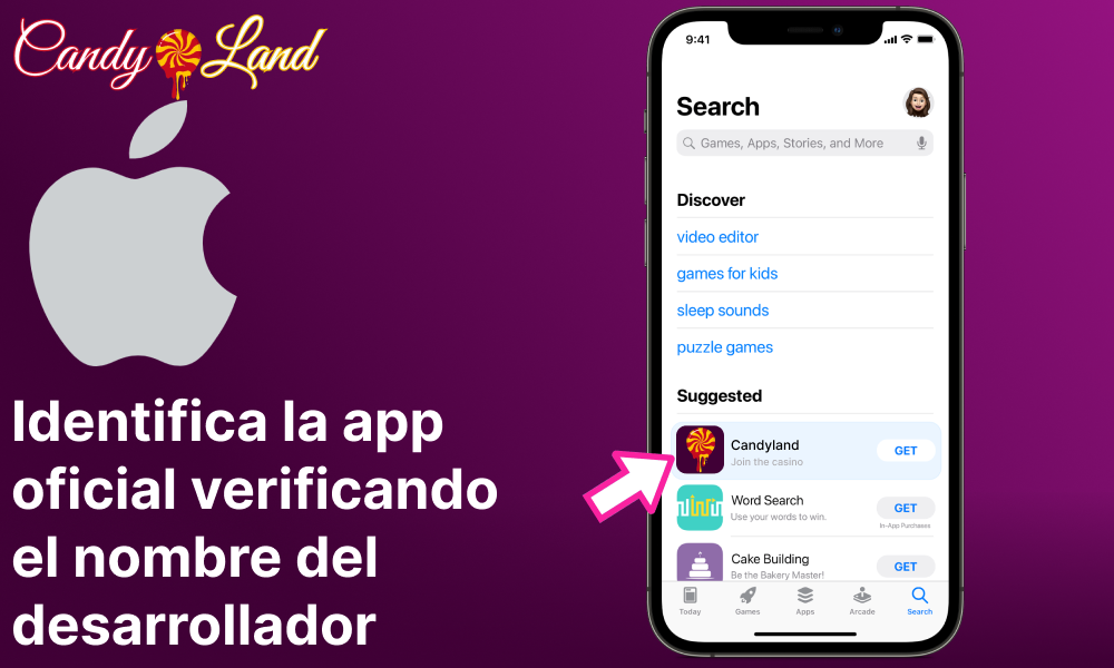Identifica la app oficial Caandyland Casino verificando el nombre del desarrollador