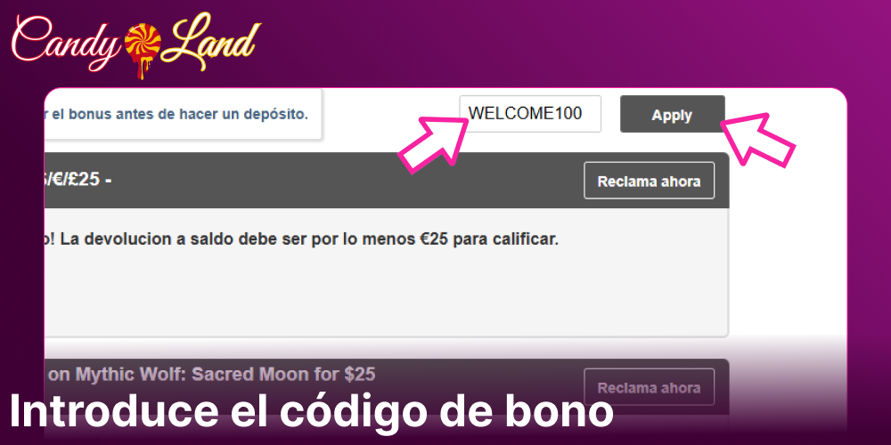 Introduce el código de bono en Candyland Casino