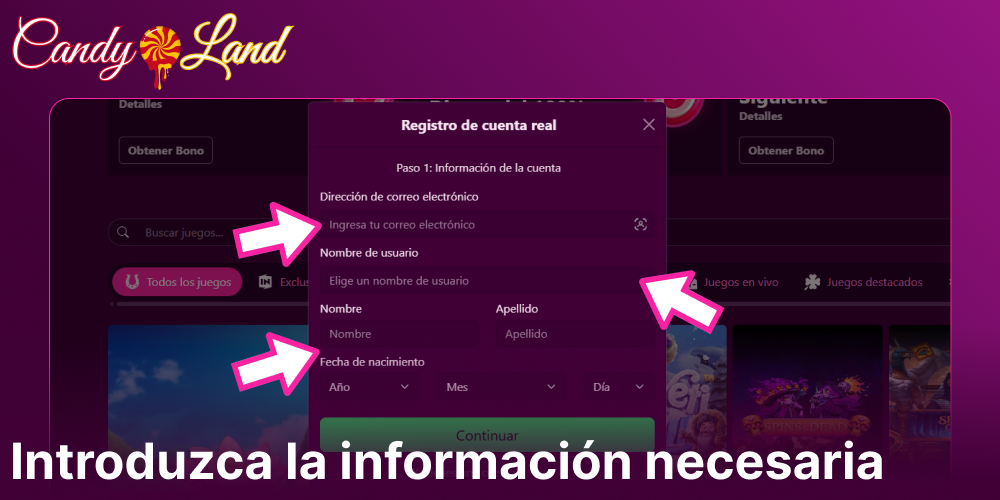 Introduzca la información necesaria en el Candyland Casino