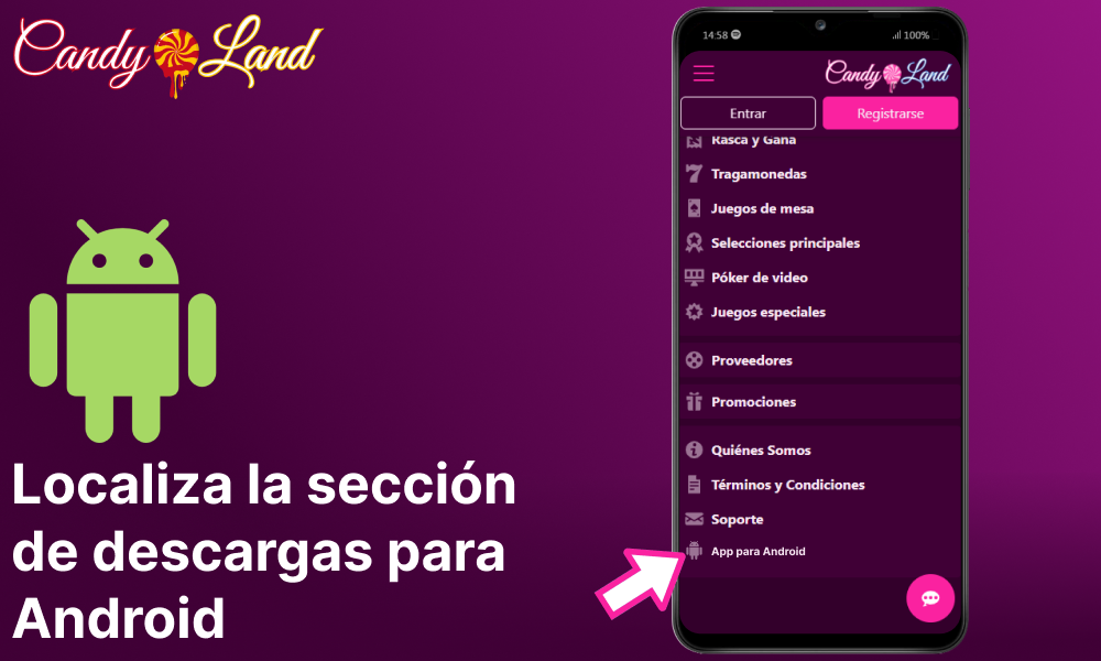 Localiza la sección de descargas para Android para descargar la aplicación Candyland Casino