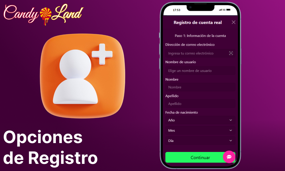 Opciones de registro en la app de Candyland Casino en España