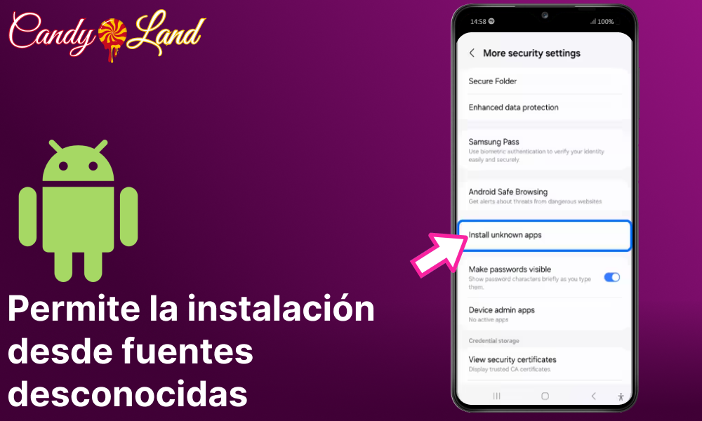 Permite la instalación desde fuentes desconocidas para instalar la aplicación Candyland Casino