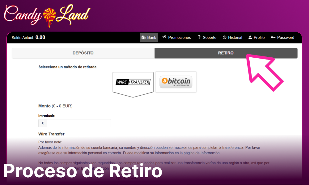 Instrucciones para retirar fondos del Casino Candyland para jugadores de España