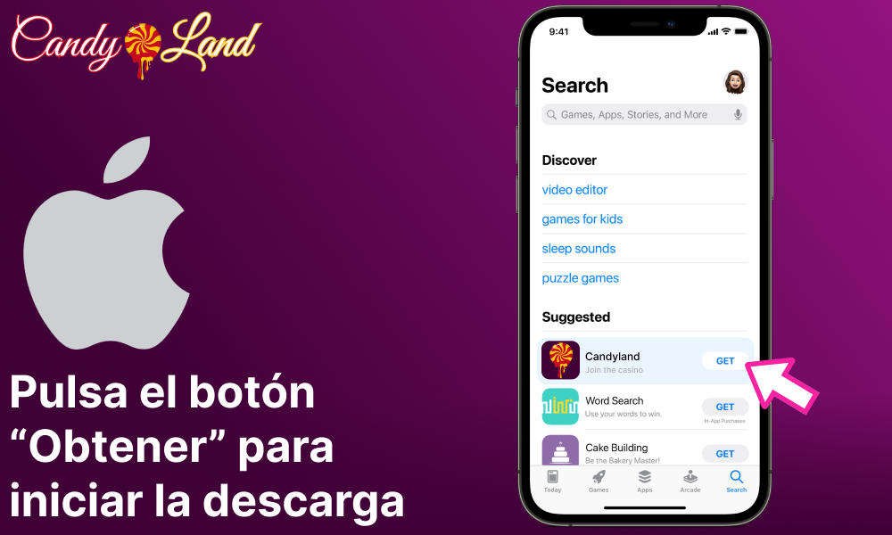 Haga clic en el botón “Obtener” para iniciar la descarga de la aplicación Candyland Casino