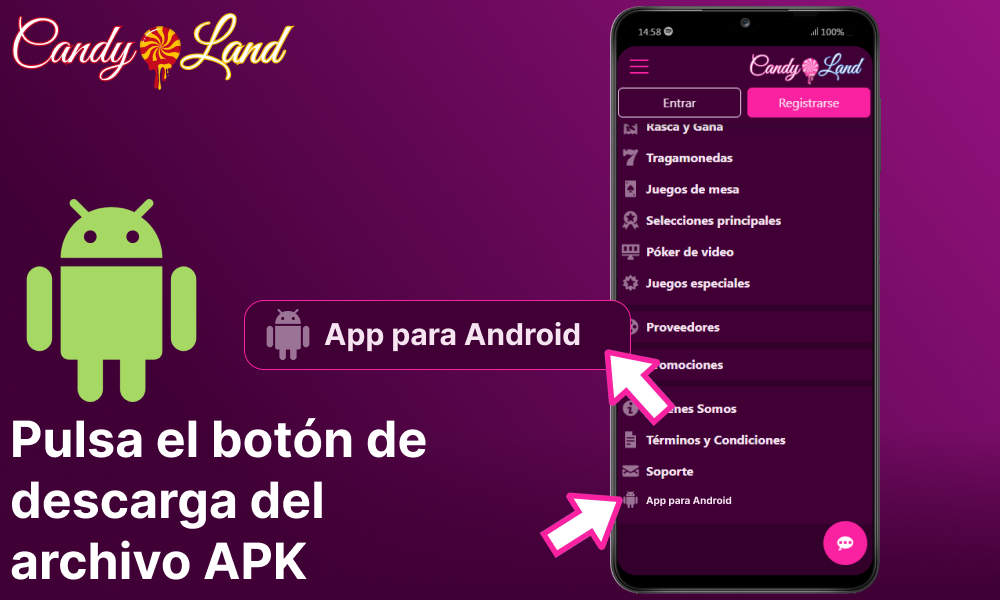Pulsa el botón de descarga del archivo APK de la aplicación Candyland Casino