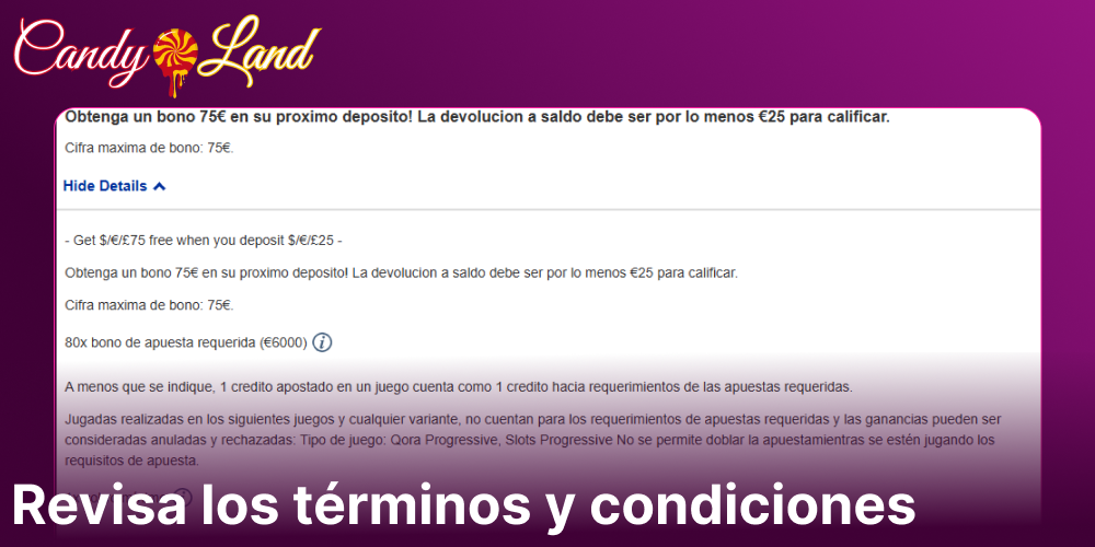 Revisa los términos y condiciones en Candyland Casino