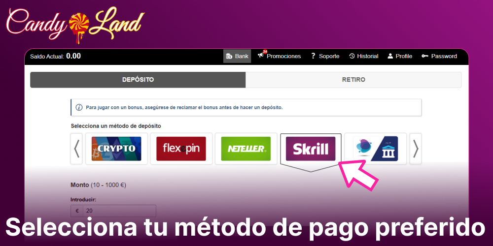 Selecciona tu método de pago preferido en Candyland Casino