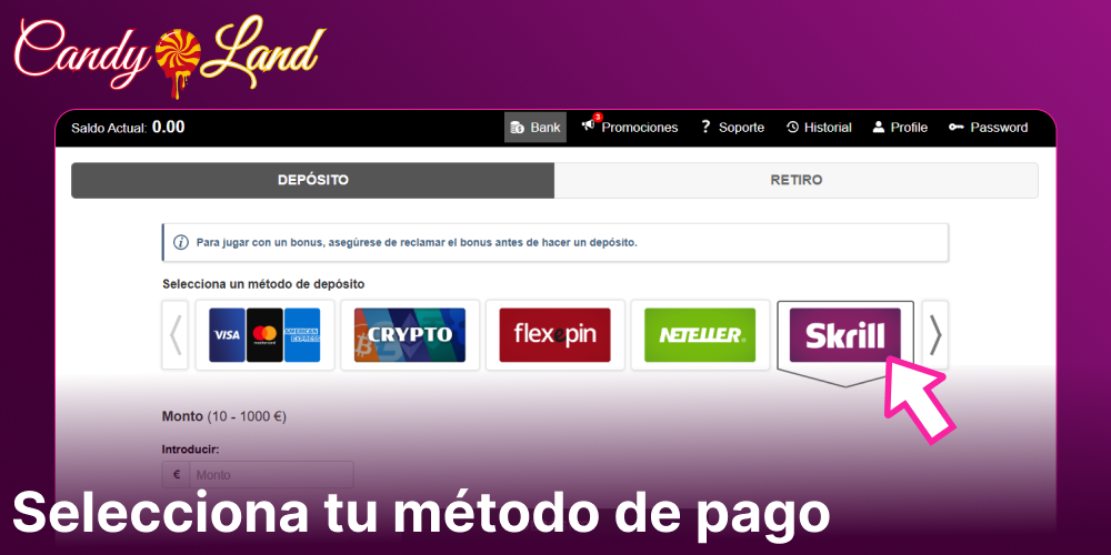 Selecciona tu método de pago en Candyland Casino